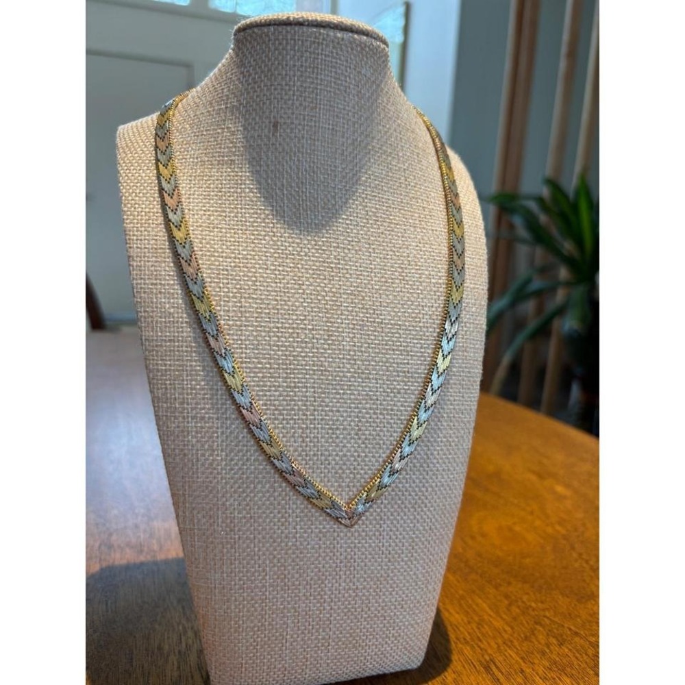 Vintage Italy Tri-Tone Chevron V-Necklace Gold Silver Rose Gold Herringinbone